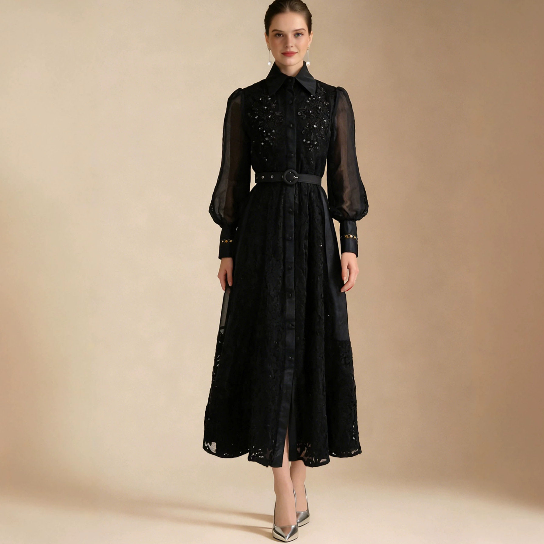 Elegant Long Sleeve Dress with Sequined Mesh Panels Lace Waist Tie Flared Skirt Perfect for Formal Occasions