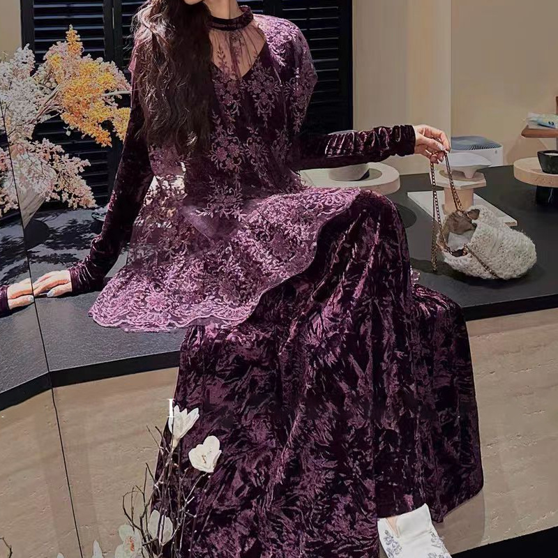 Đầm nhung dài tay thêu đính cườm dáng suông thanh lịch — Đen vàng, Tím huyền ảo, Trắng ngọc trai