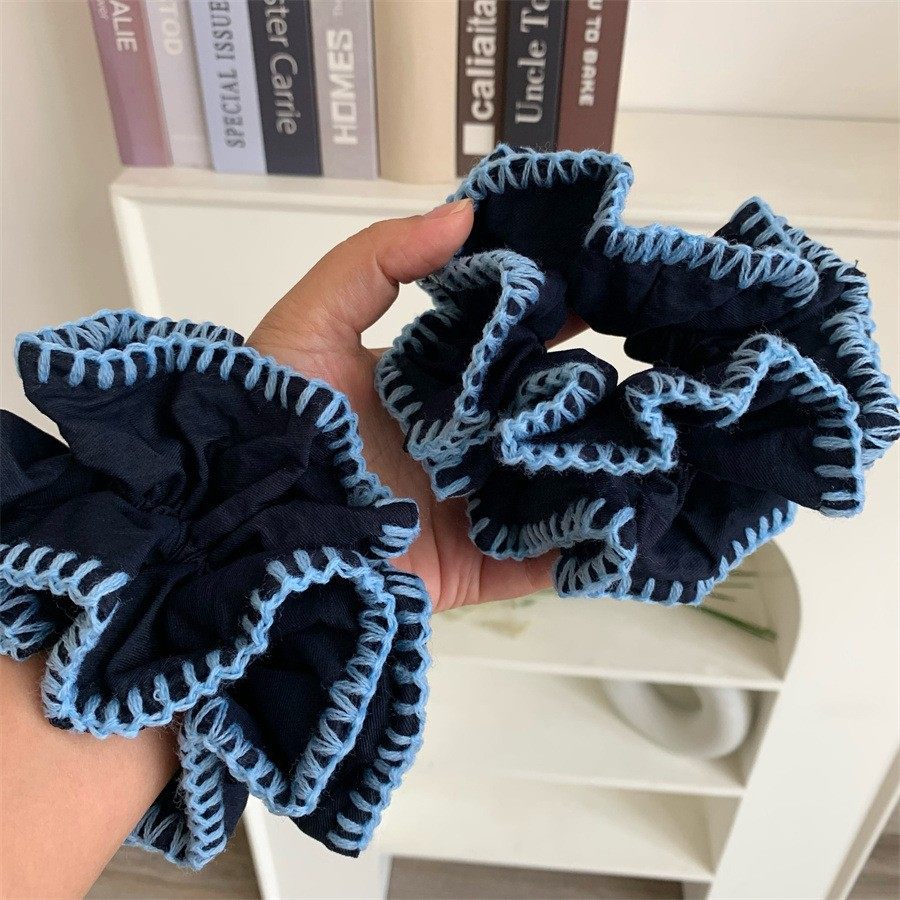 Navy Blue Polka Dot Stitching Lace Double-Layered Hair Tie for Women Korean Style Hair Tie Ball Hair Rope Headband