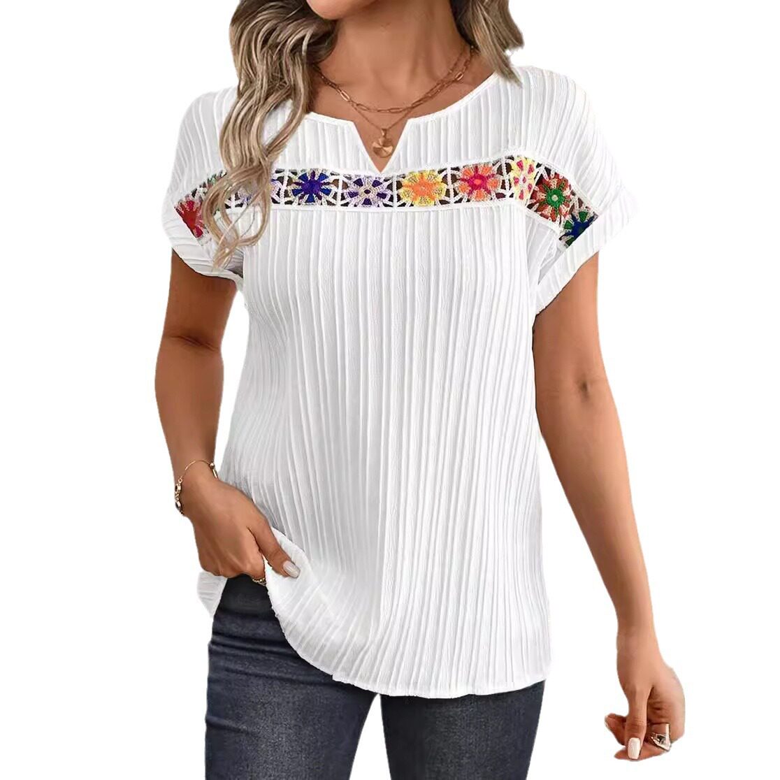 V Neck Short Sleeve Floral Patchwork Top Summer Style Elegant Design Womens Fashion Wholesale Available