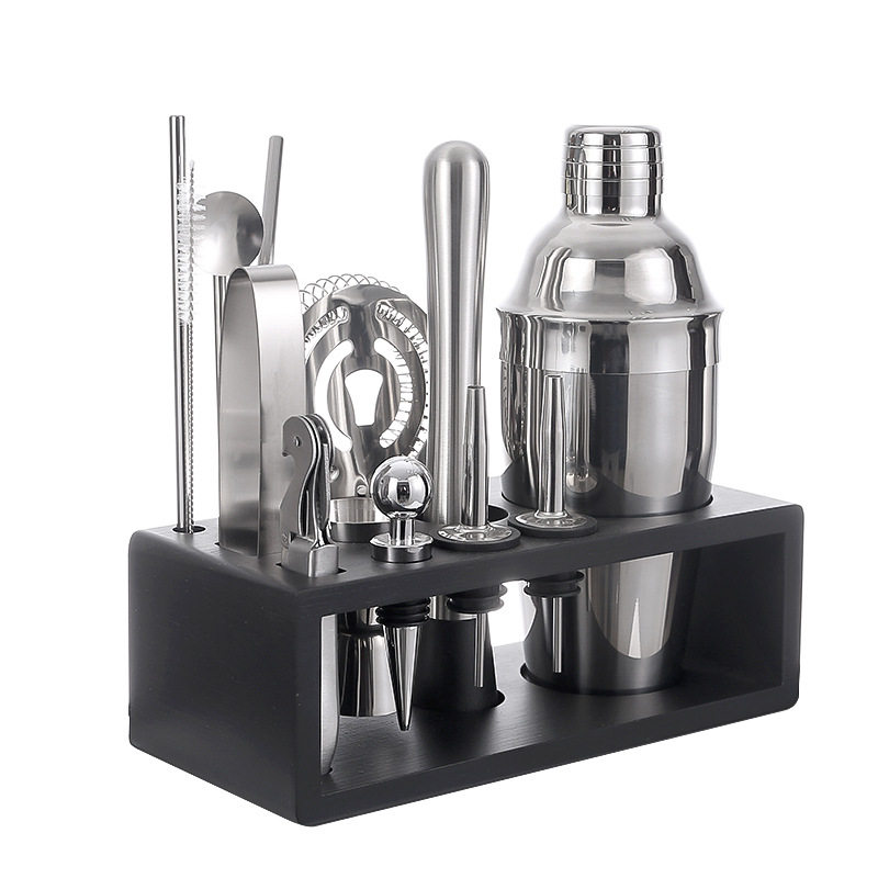 Cross-border explosions wooden frame bartender set stainless steel 550ml shake cocktail bar tools full set of 13 pieces