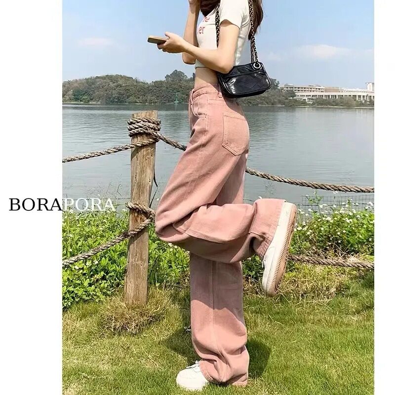 High Waisted Wide Leg Jeans for Women Dusty Pink Loose Fit Plus Size Street Style Perfect for Spring and Autumn