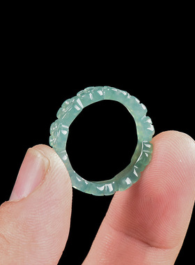 天然A货翡翠蓝水立体桃花戒指冰种玉石情侣玉戒女款式指环个性