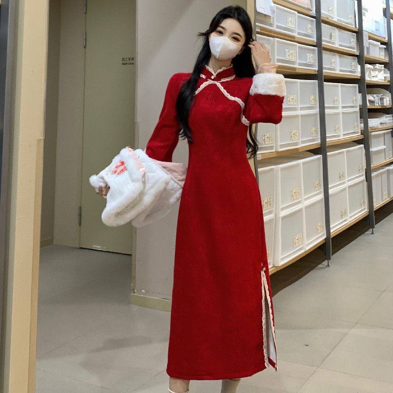 plus size Chubby mm2023 Winter New New Chinese Vest Women's Giant Skinny Red Cheongsam dress suit