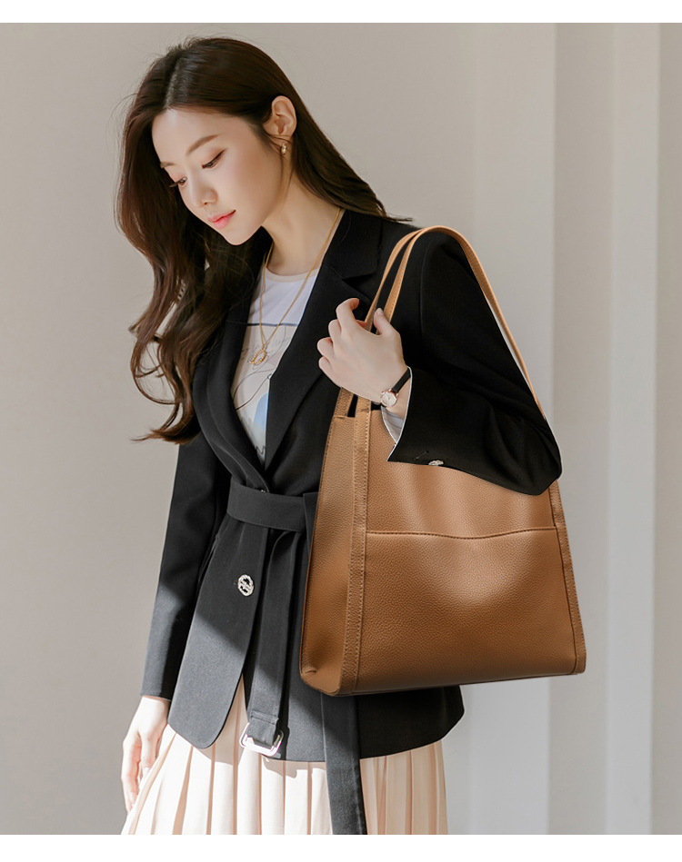Túi tote nữ da PU vân vải thiều dáng ngang, túi xách tay đeo chéo cỡ trung — màu đen, màu đỏ, Màu kaki, màu xám
