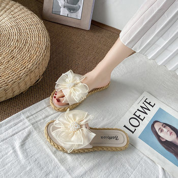 Internet Celebrity Slippers Ins Women's Outer Wear 2024 Summer New All-Match Korean Style Fairy Style Mesh Bow One-Thread Shops