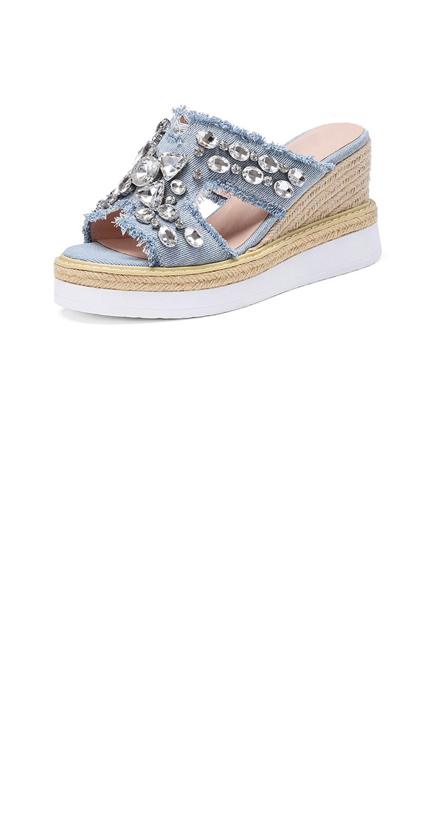 Dép sandal nữ quai ngang gót xuồng 8.5cm đế dày đính đá — Xanh denim