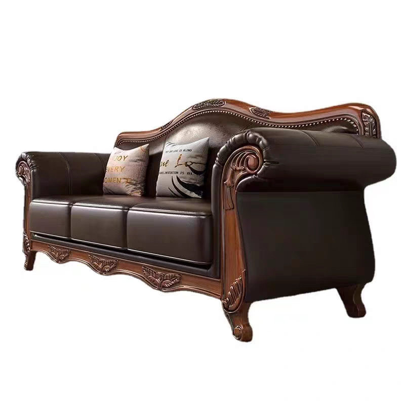 美式真皮沙发123组合小户型客厅实木雕花复古风欧式豪华家具简欧