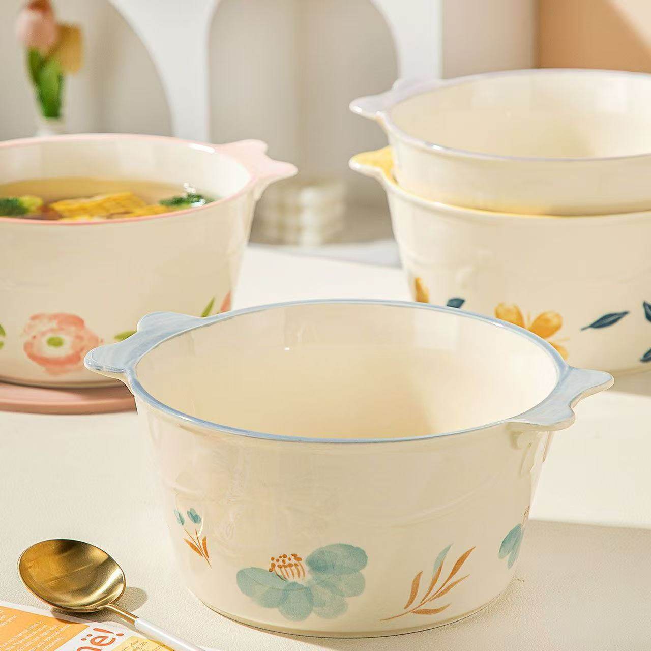 High-Capacity Ceramic Bowl with Good Looks, Instant Noodle Bowl, Ins Style Household Popular Snail Noodle Double-Eared Soup Bowl, Salad Bowl