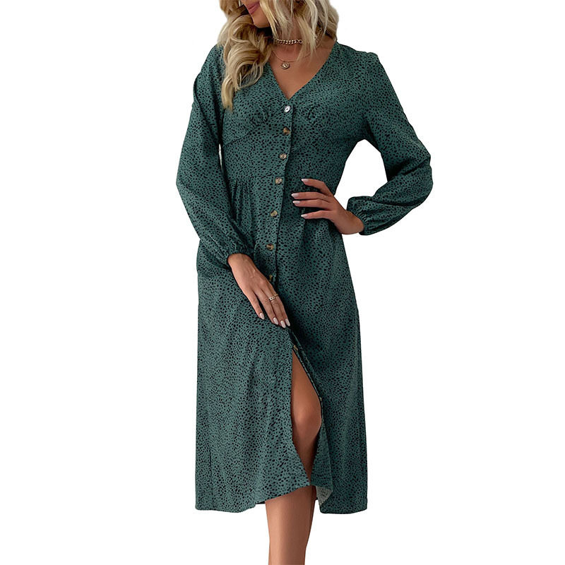 Fashionable Womens Long Sleeve Dress V Neck Single Breasted Elegant Design Autumn Wear Wholesale Available