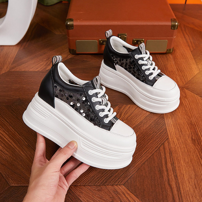Giày sneaker nữ chunky đế dày lưới thoáng khí phong cách platform — Trắng, Đen
