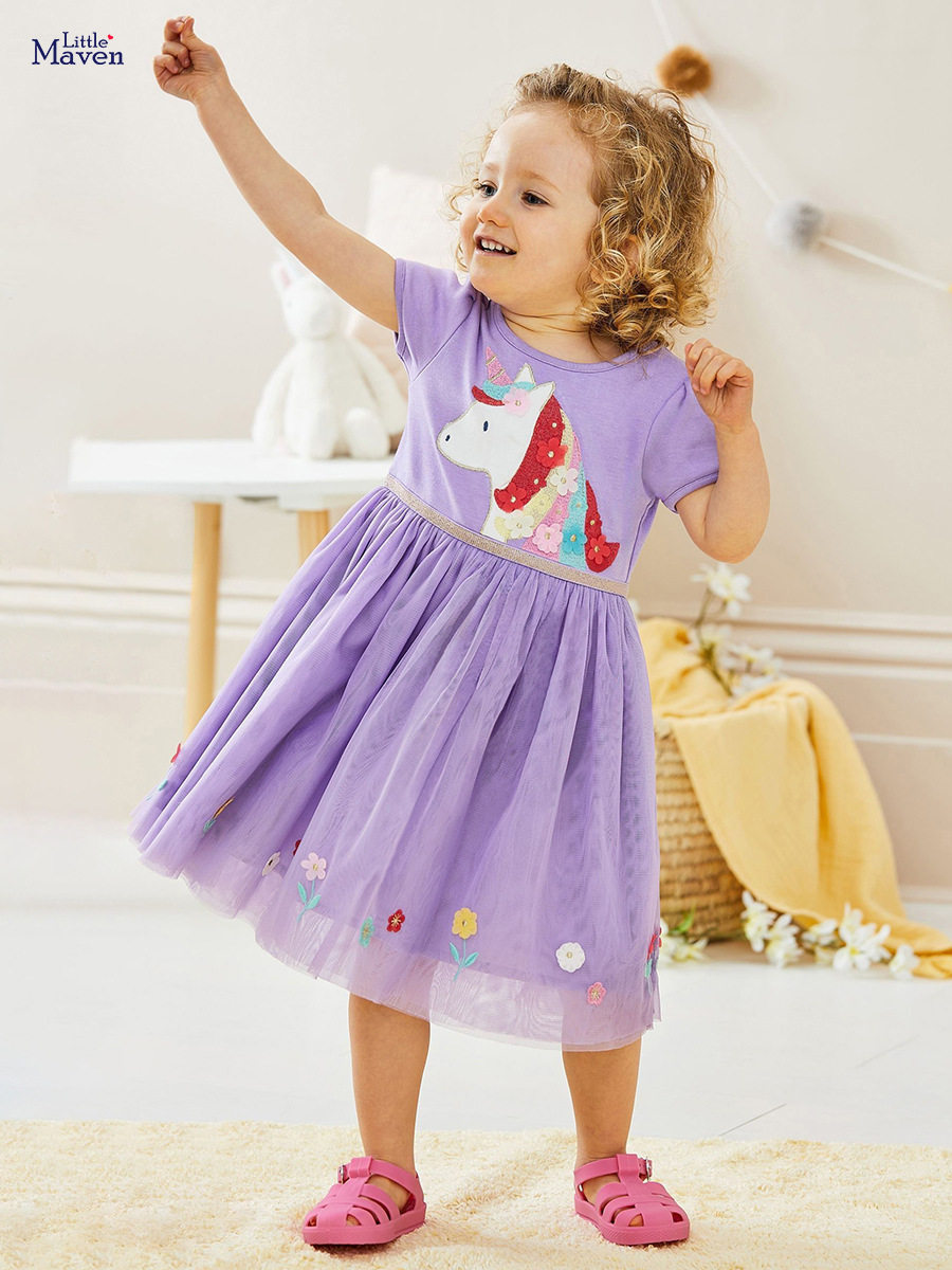 Gaun princess mesh anak, gaun katun lucu lengan pendek anak musim panas