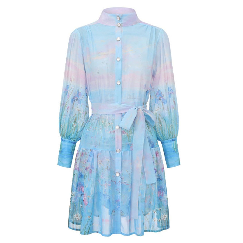 Vintage Floral Print Lantern Sleeve Dress for Women Soft and Elegant Waist Tie Ruffled Hem Mid Length Perfect for