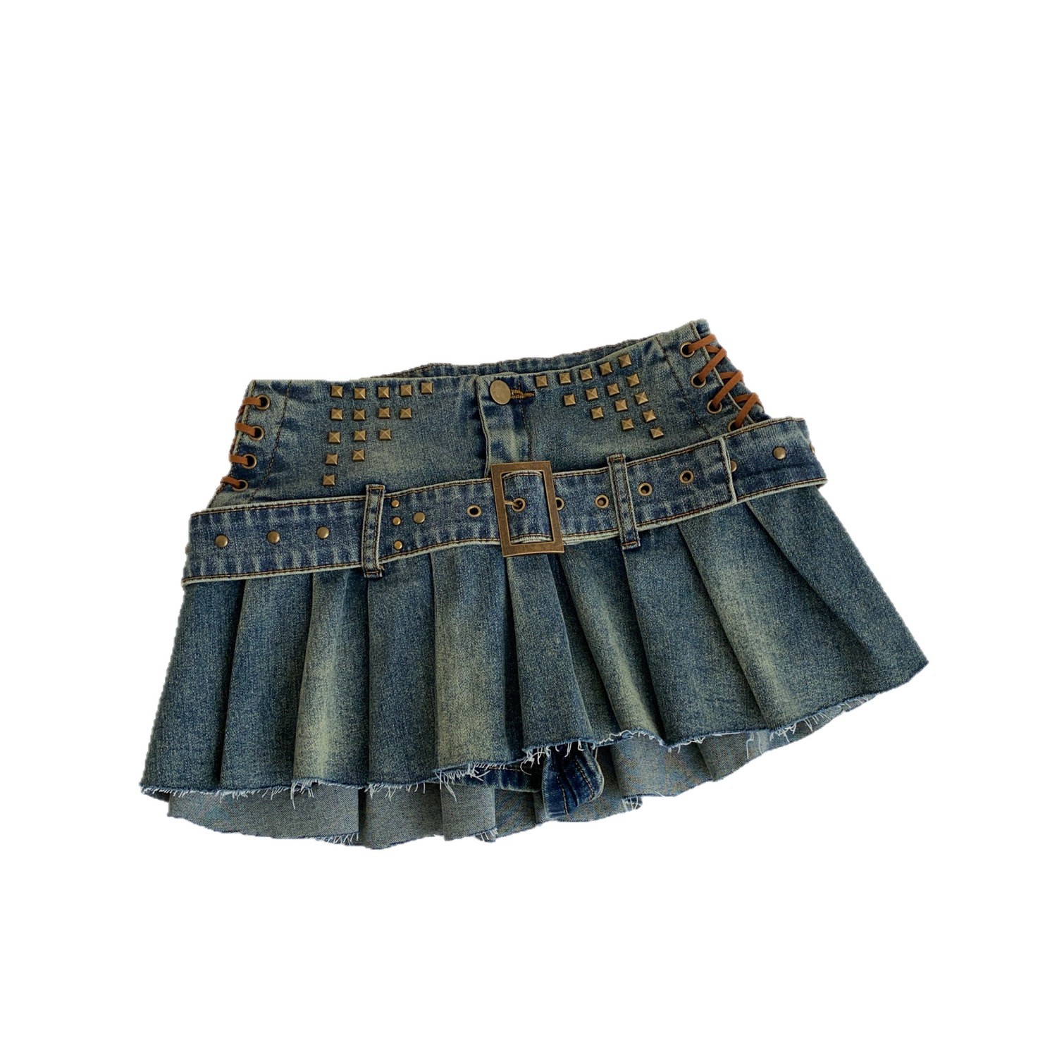 High Waisted Denim Mini Skirt Vintage Style Pleated Design Studded Details Trendy for Casual Outings Wholesale