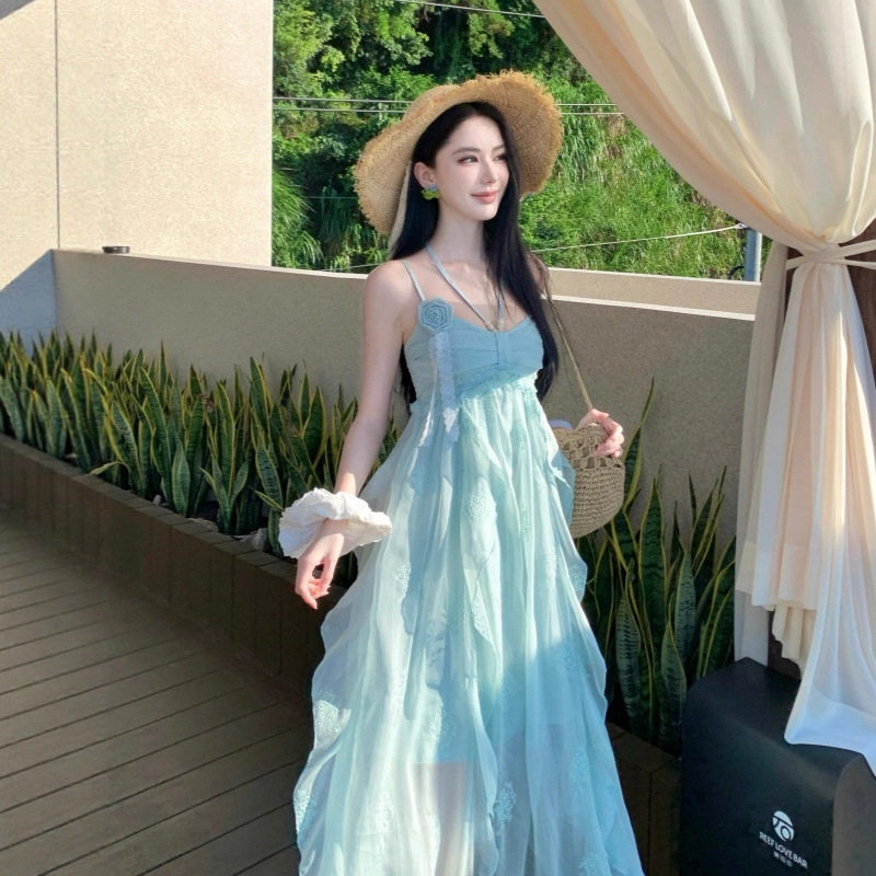 Beach Vacation Style Womens Maxi Dress Stunning Blue Color Floral Embroidery Ruffled Hem Irregular Design Perfect