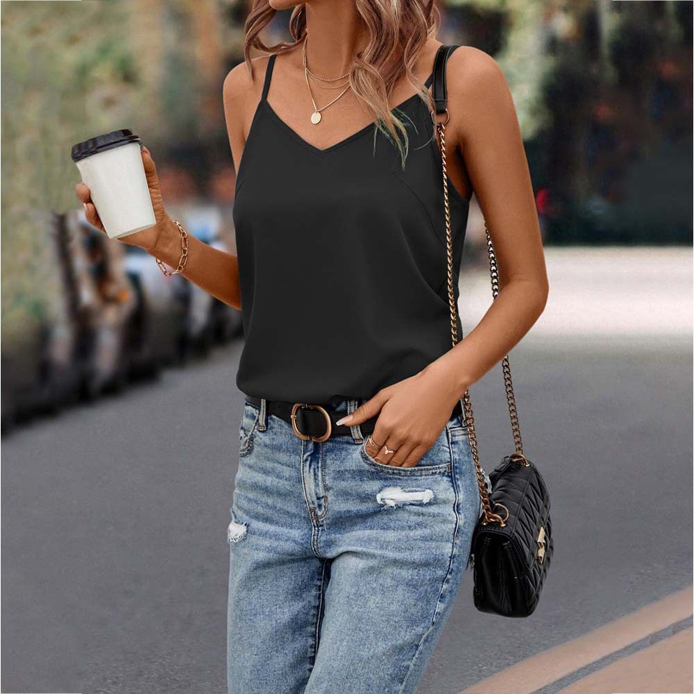 Slim Fit Sleeveless Knit Top Solid Color V Neck Polyester Summer Casual Wear for Women Wholesale Available