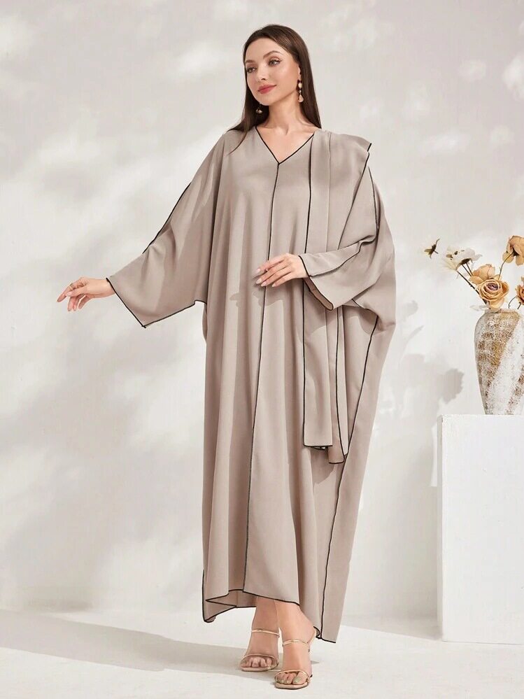Al Najma Womens Solid Color V Neck Batwing Sleeve Loose Str