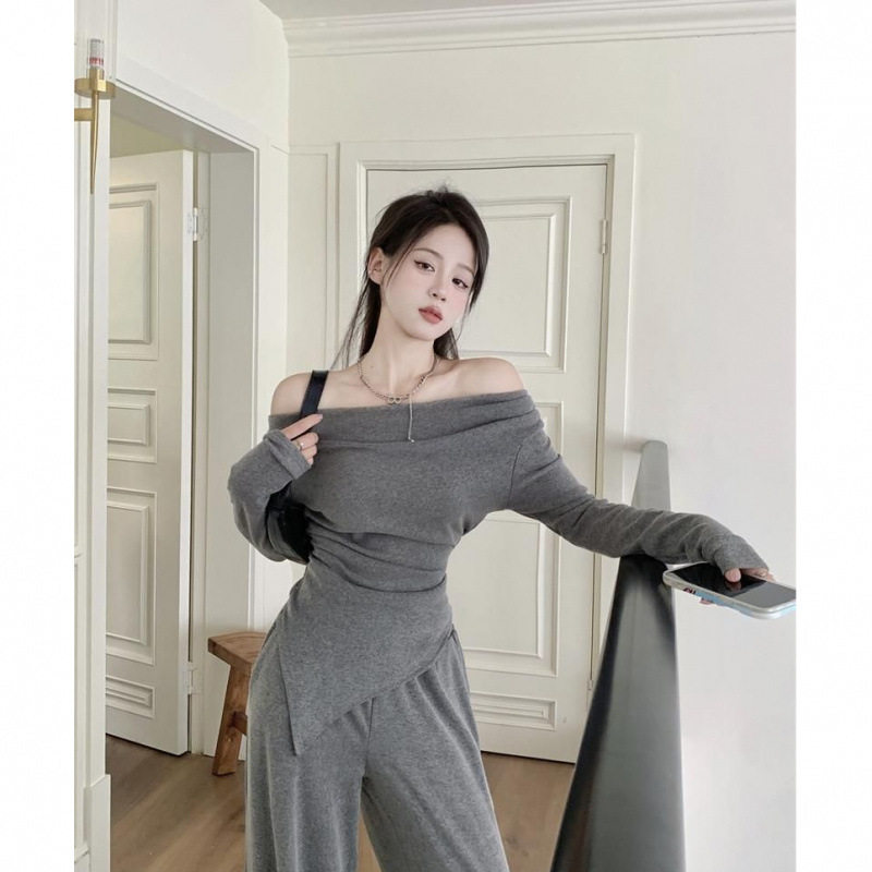 Elegant Suit for Women, Irregular Slim-Fit Off-Shoulder Top, Autumn Loose Wide-Leg Pants Two-Piece Set, Simple Ins Style