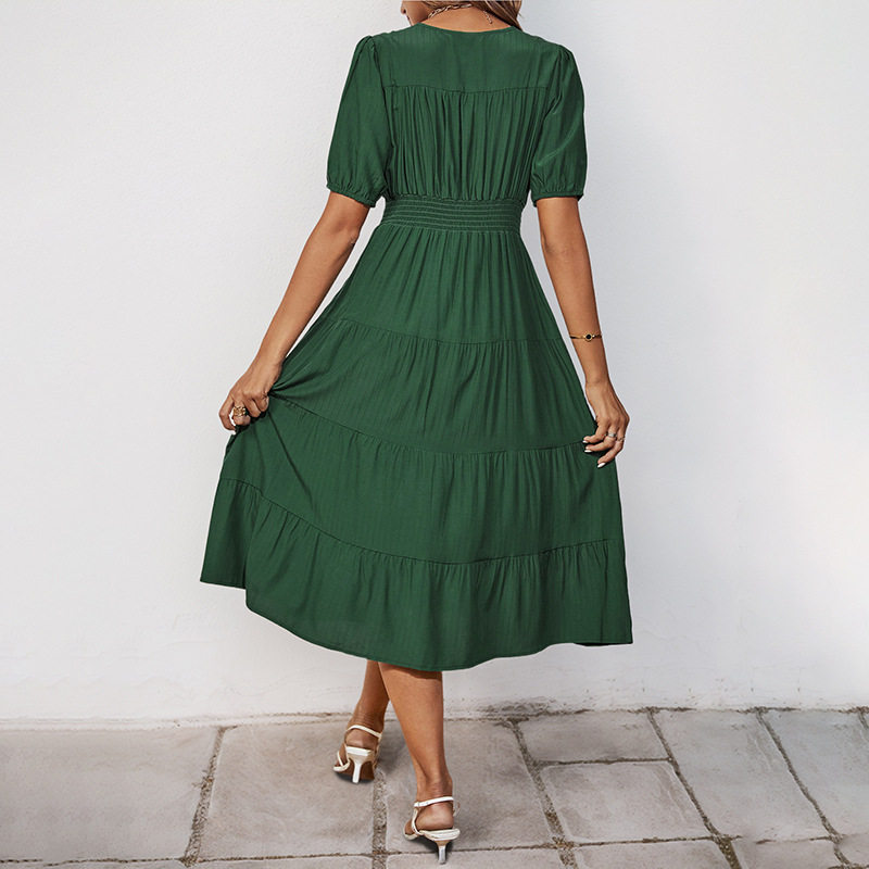 Summer Midi Dress Elegant Draped Design Solid Color Pleated Detail Perfect for Casual Outings or Events Wholesale