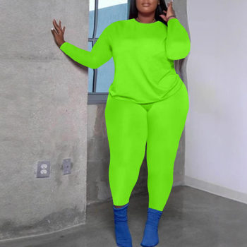 European and American New Large Size Women's Pure Color Two-Piece Suit, Long-Sleeved Round Neck T-Shirt Top and Tights Two-Piece Set