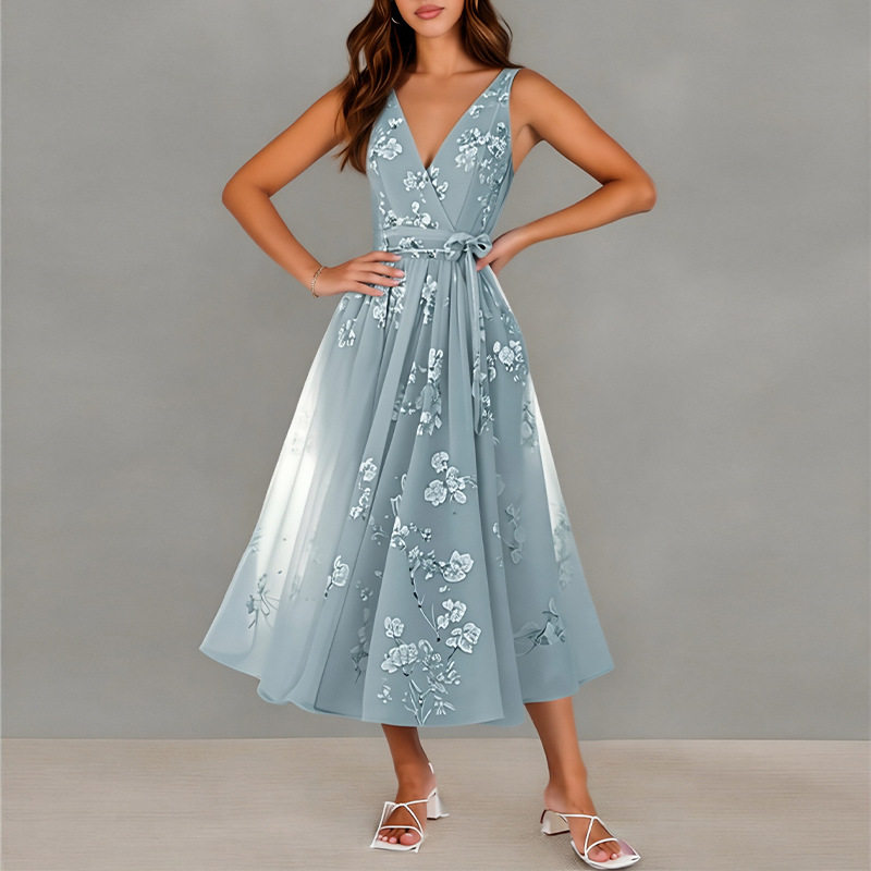 Elegant Floral Print Waist Tie Dress Spring Collection Womens Fashion Comfortable Fit Wholesale Available