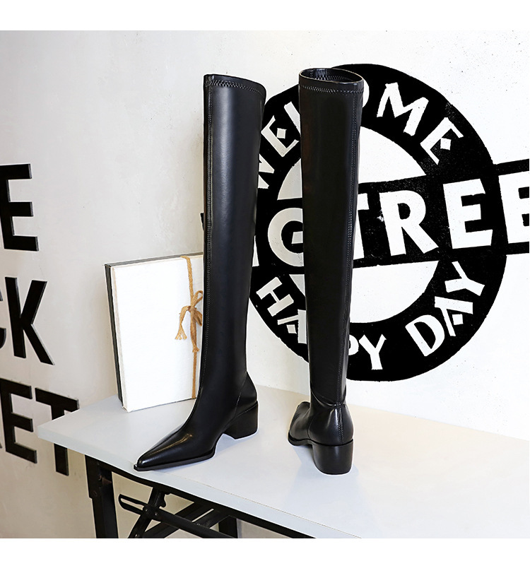 Boot nữ cổ cao quá gối gót vuông mũi nhọn phong cách thanh lịch — Màu cà phê, Màu đen, Màu Kaki