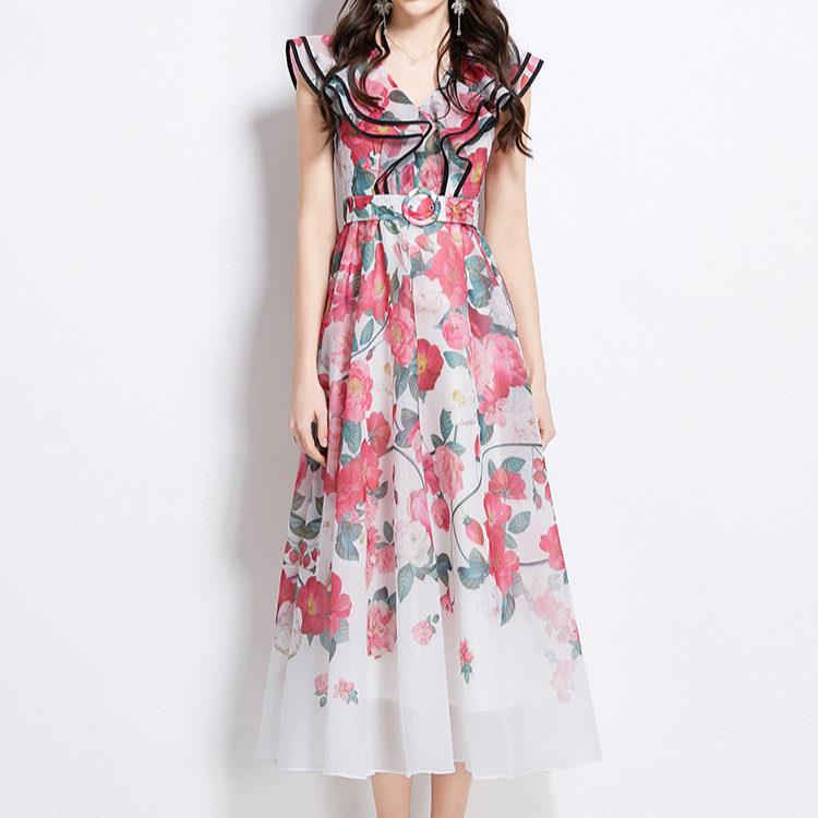 Elegant Summer Dress for Women Ruffled Hem V Neck Waist Defining Floral Print Flowy Maxi Perfect for Parties and