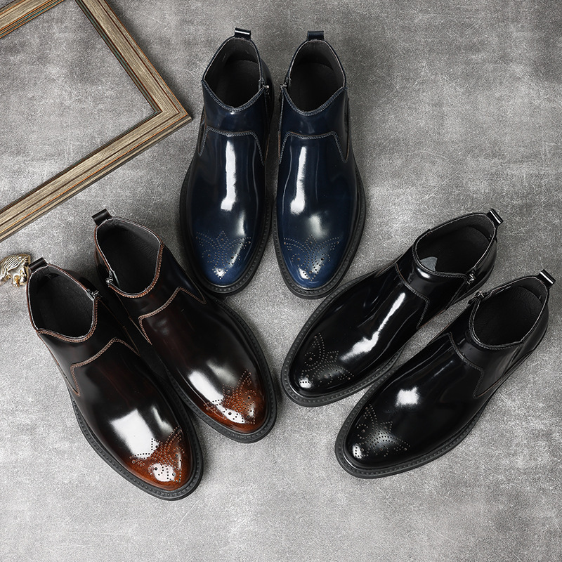 Boot nam cổ ngắn mũi tròn da bò bóng, họa tiết chạm khắc, khóa kéo bên, giữ ấm mùa đông — xanh sapphire, Màu đen, Màu đen lót nhung, Màu vàng nâu