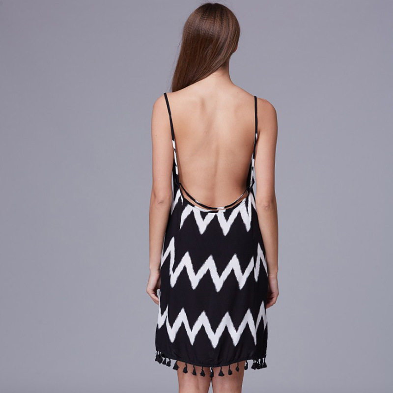 Backless Wave Pattern Maxi Dress Tassel Detail Sleeveless Lightweight Fabric Beachwear for Summer Wholesale