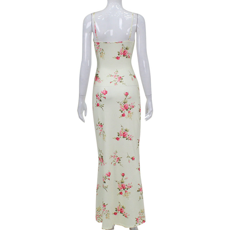 Vintage Floral Print V Neck Maxi Dress Elegant Fit Sleeveless Summer Style Perfect for Beach Vacations Wholesale