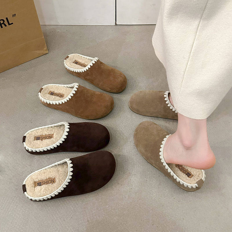 Exquisite and Fashionable~! Lace Atmosphere Fleece-Lined Birkenstock Slippers for Women Ins Outer Wear Warm Thick-Soled Woolen Cotton Slippers