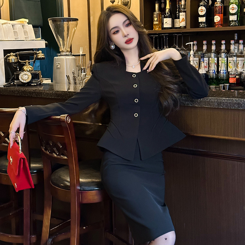 Đầm công sở nữ dáng Hepburn phong cách Pháp, bộ hai chiếc dài tay thanh lịch — Màu đen