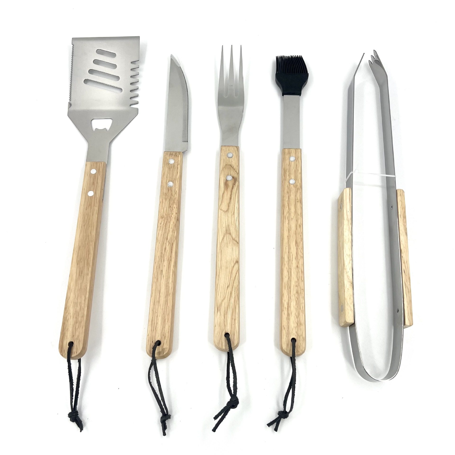 Stainless Steel Grill Set Wooden Handle Barbecue Tools Five-Piece Set Outdoor Portable Barbecue Accessories Oak Handle Food Tongs