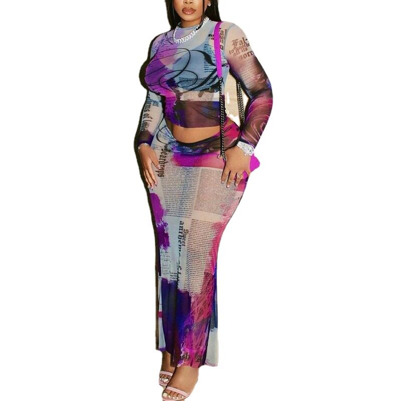 Sheer Mesh Two Piece Set Round Neck Long Sleeve Floral Print Bodycon Skirt Fashionable for Parties or Night Out