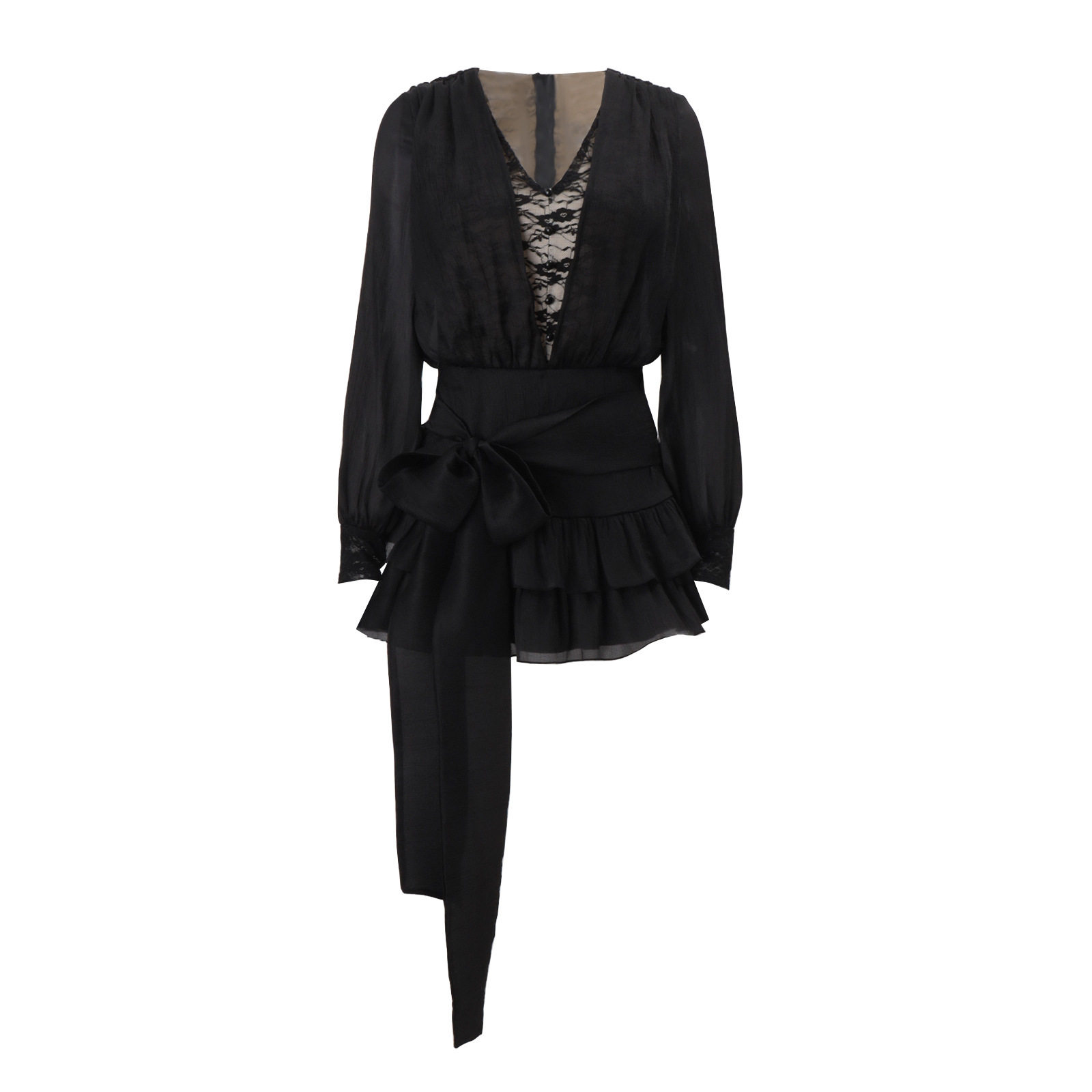 French Style Lace Trimmed Mini Dress Sexy V Neck Long Sleeve Elegant Design Perfect for Autumn Events Wholesale