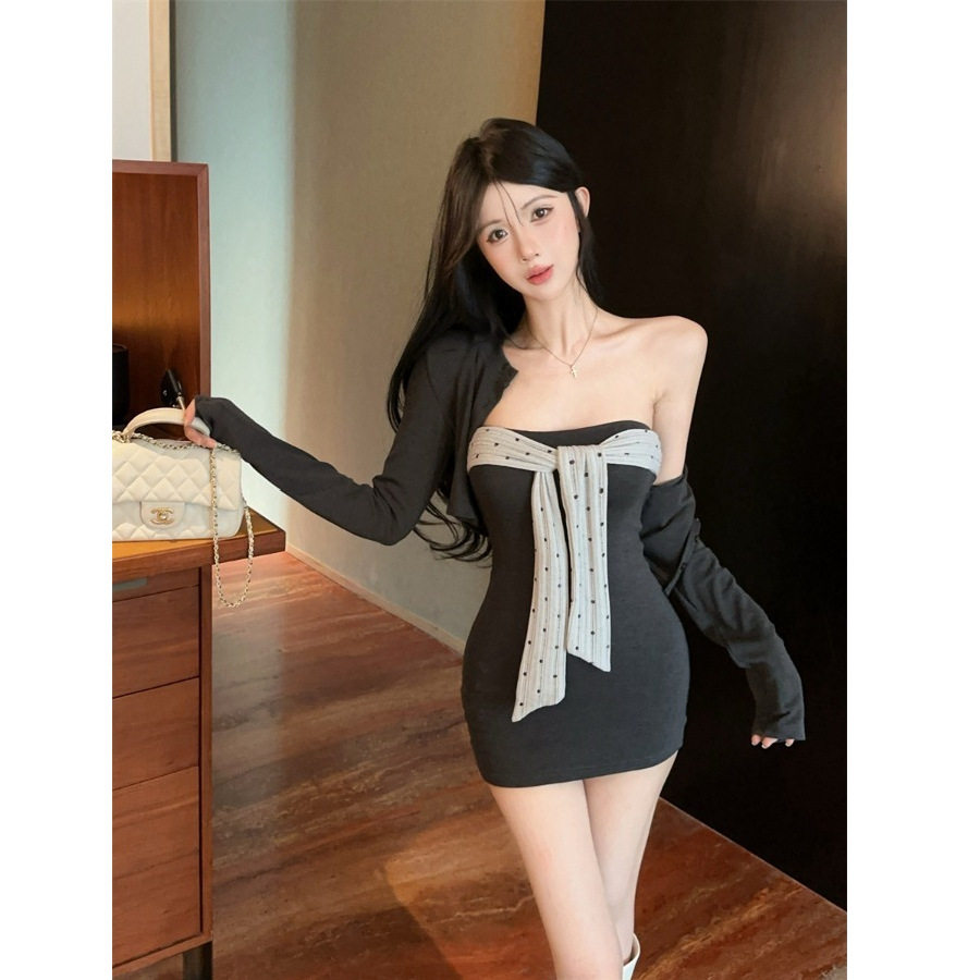 Pure Desire Hot Girl Outfit Set for Women, Autumn Petite Slim Fit Bodycon Dress, Short Skirt, High-End Long Sleeve Cardigan Two-Piece Set