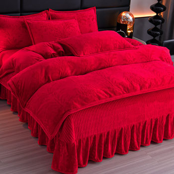 Carved Milk Velvet Bed Cover Four-Piece Wedding Red Four-Piece Quilted Thickeneded Carved Velvet Quilt Cover Anti-Static