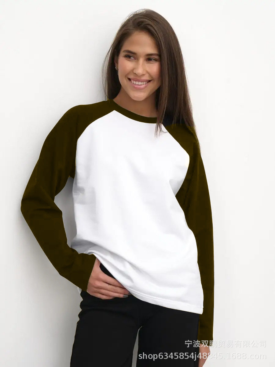 Womens Color Block Long Sleeve T Shirt Casual Loose Fit Round Neck Cotton Fabric Spring and Autumn Essential