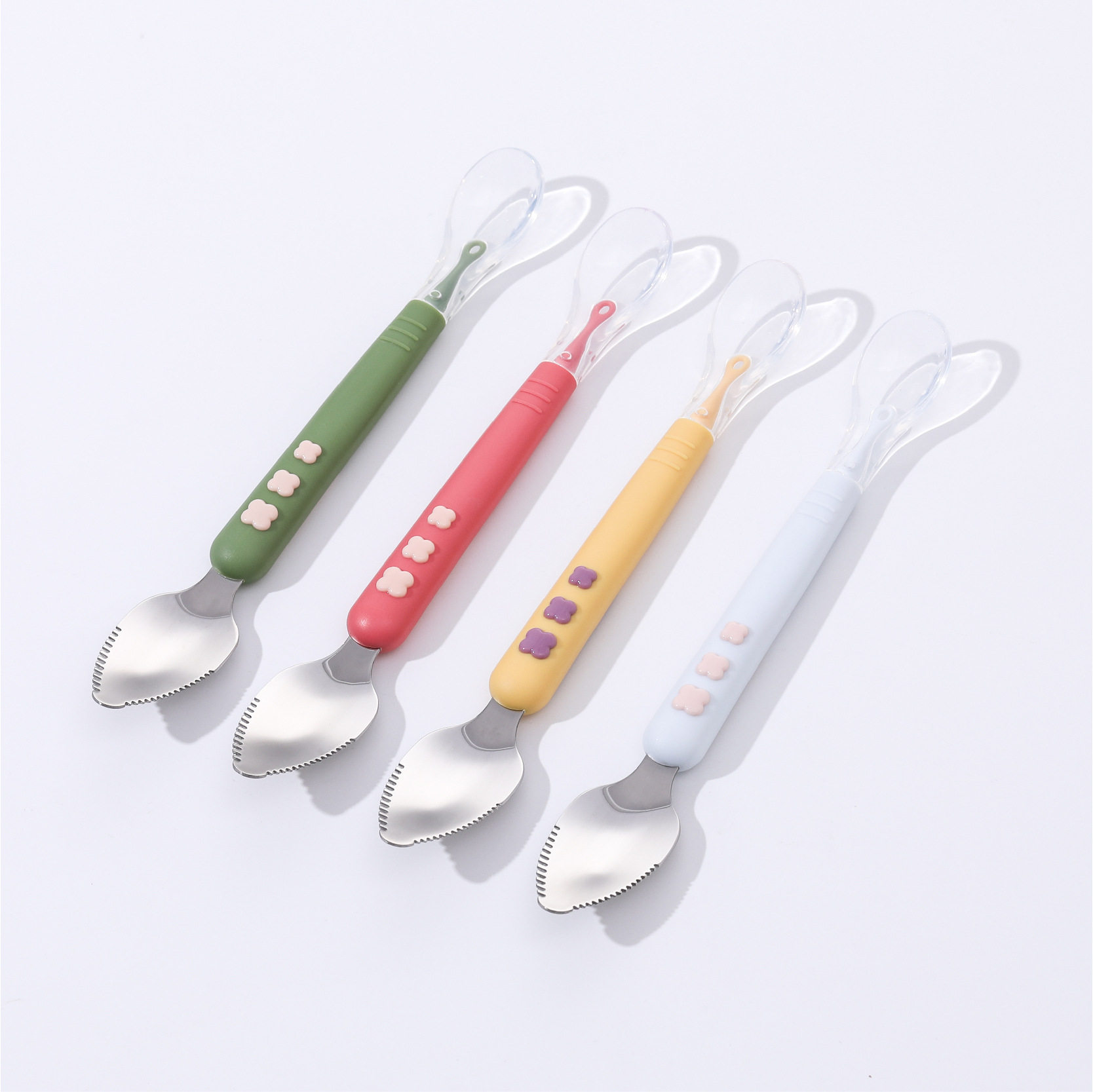 Baby double-headed fruit mud scraper 304 316 stainless steel fruit mud spoon silicone spoon with storage box food supplement spoon