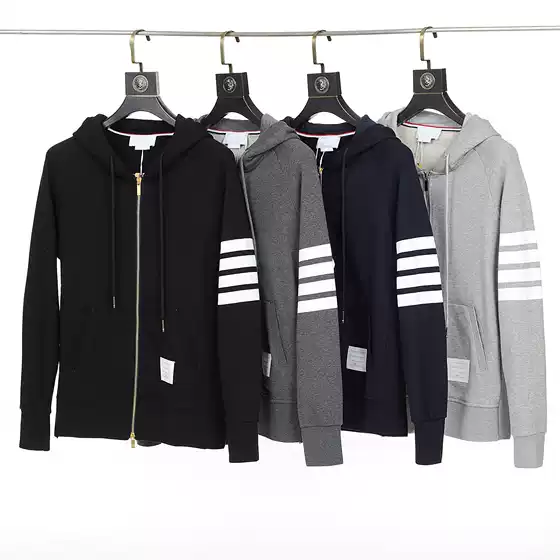 New Tb Color-Woven Jacket with Four Stripes, Unisex Korean-Style Zip-Up Hoodie
