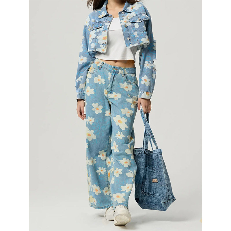 Womens Vintage Floral Print Straight Leg Jeans High Quality Denim Casual Wear Wholesale Available