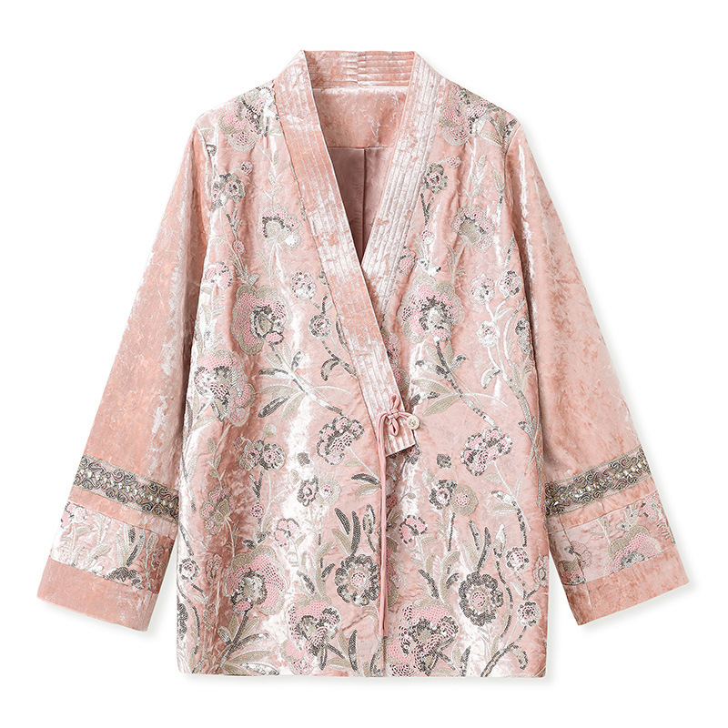 Áo khoác cardigan nữ cổ chữ V dài tay thêu họa tiết hoa lá — hồng