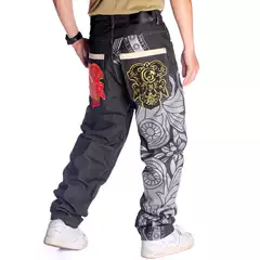 Trendy Men's Straight Pants Hip-Hop Jeans Hiphop Hip-Hop Graffiti Print Embroidered Loose Skateboard Pants