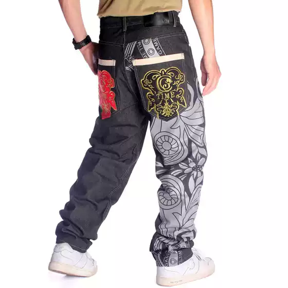 Trendy Men's Straight Pants Hip-Hop Jeans Hiphop Hip-Hop Graffiti Print Embroidered Loose Skateboard Pants