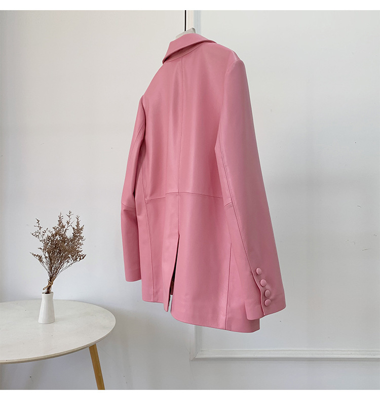 Áo khoác da cừu nữ dáng blazer phối cúc một hàng — Màu cà phê, Màu đen, Màu hồng