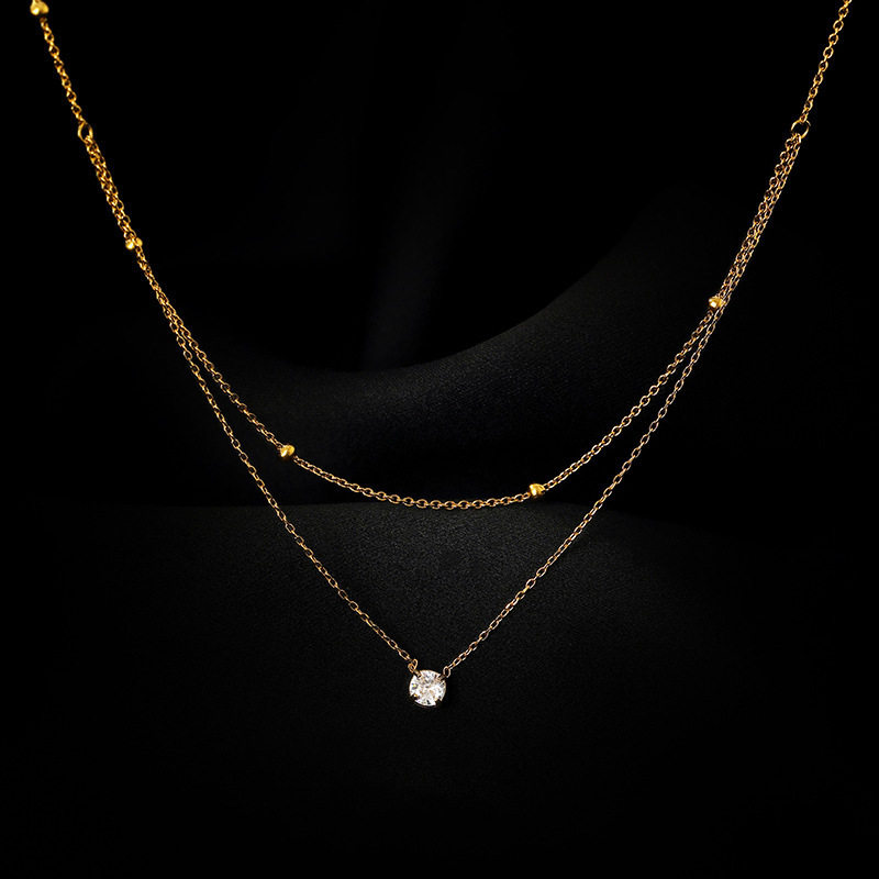 2025 New Exquisite Half-Double-Layer Single Diamond Titanium Steel Necklace, Feminine, Light Luxury, Niche Style, Layered Gold Bead Collarbone Chain