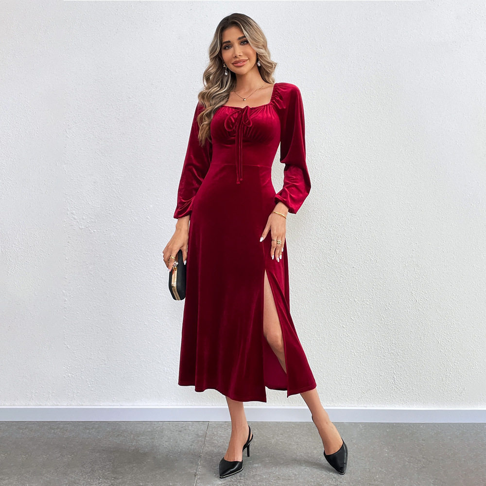 Velvet Long Sleeve Dress Sexy Split Design Waist Cinching Square Neck Puff Sleeves Evening Party Wear Wholesale