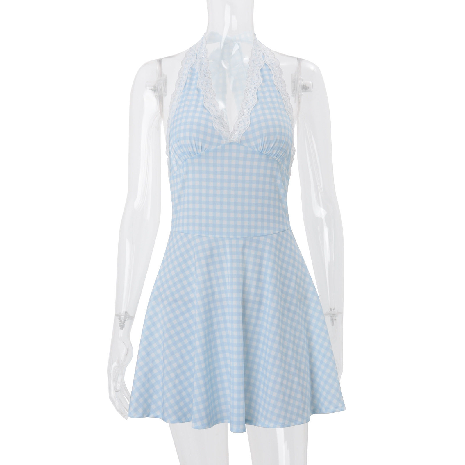 Summer Womens Dress Stylish Plaid Backless Halter Neck Fitted Waist Perfect for Parties or Casual Outings