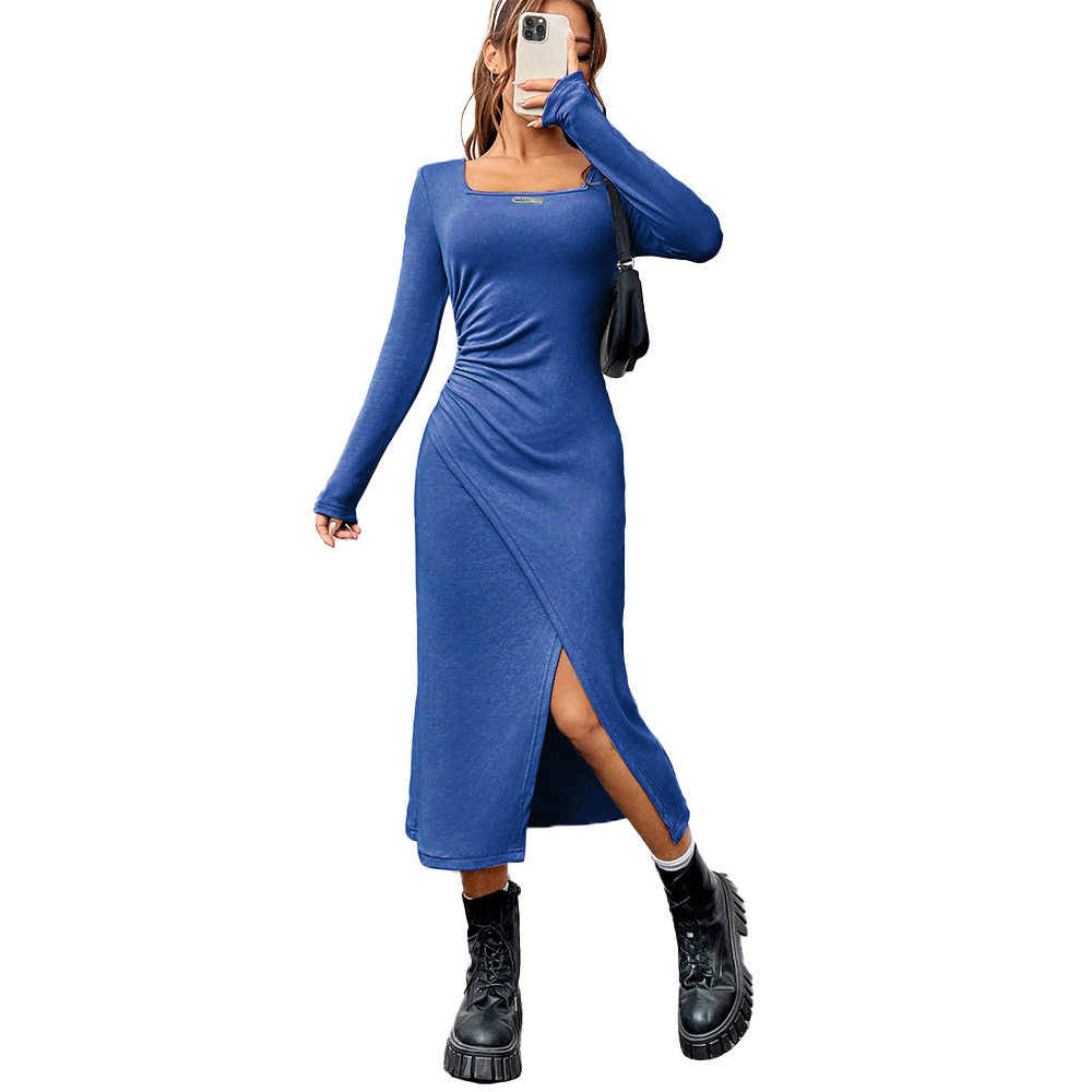 Slim Fit Bodycon Midi Dress Square Neck Long Sleeve Side Slit Elegant Office Wear for Spring Summer Wholesale