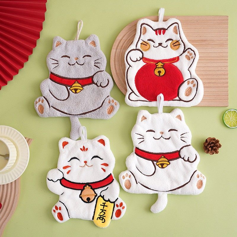 Cross-Border Dropshipping Lucky Cat Hand Towel, Hanging Small Towel, Coral Velvet, Absorbent, Cute Cartoon Hand Towel, Souvenir